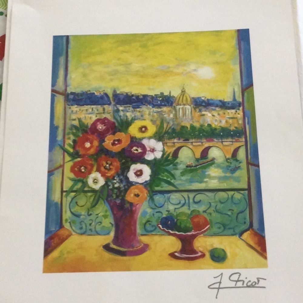 Colorful Floral Cityscape Lithograph NWOT